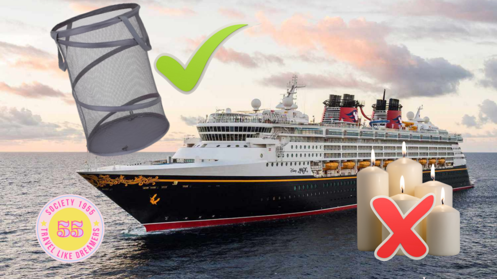 Image of a cruise ship with graphics showing what you can and cannot take on a ship